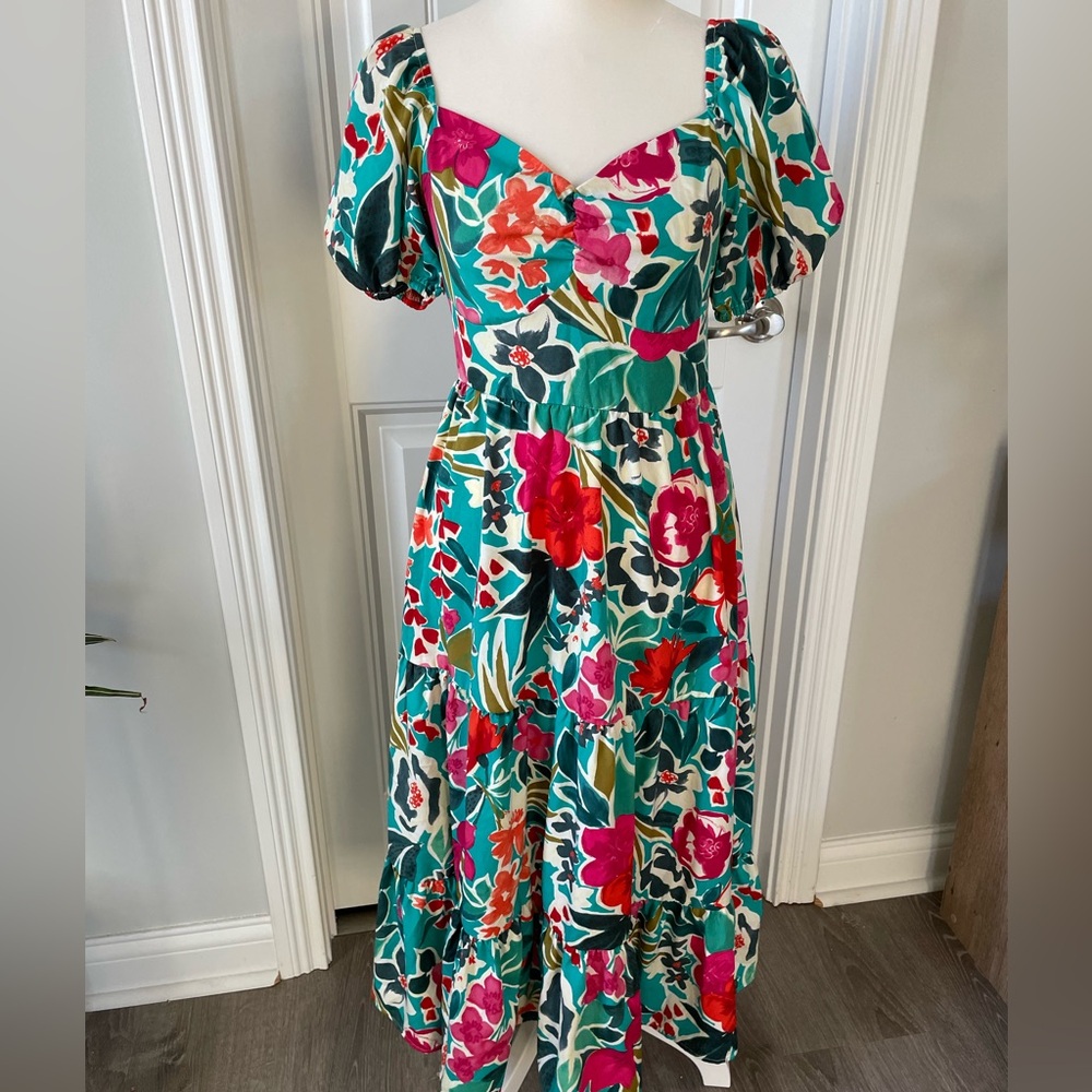 Floral Midi Dress with Puff Sleeves